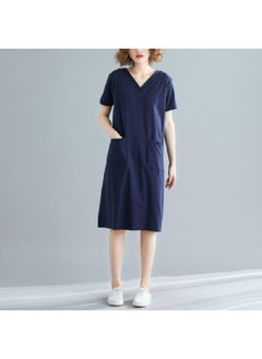 Plus Size Women's Summer Loose Korean-style Mid-length T-shirt Skirt Chubby Girl Solid Color V-neck Slimming Short Sleeve Dress Fashion