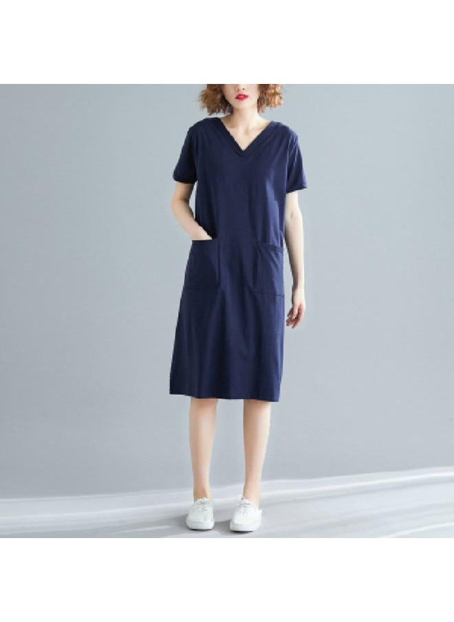 Generic - Plus Size Women's Summer Loose Korean-style Mid-length T-shirt Skirt Chubby Girl Solid Color V-neck Slimming Short Sleeve Dress Fashion - Image 1