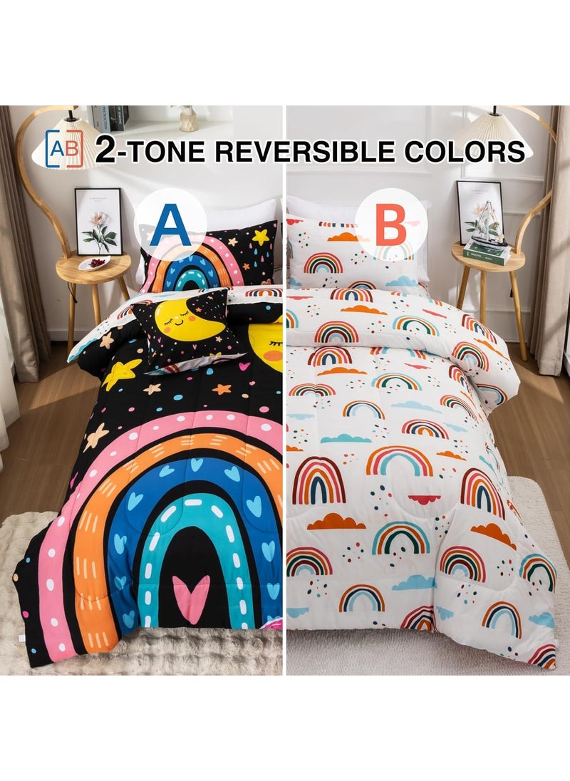 Btargot Btargot 5 Piece Black Rainbow Comforter Set for Girls Boys Kids  Cartoon Cute Moon Stars Bedding Set  Bed in a Bag with Comforter  Sheets and Pillowcases Queen  - Image 2