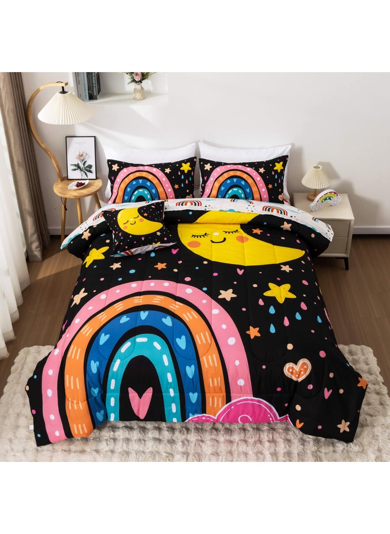 Btargot Btargot 5 Piece Black Rainbow Comforter Set for Girls Boys Kids  Cartoon Cute Moon Stars Bedding Set  Bed in a Bag with Comforter  Sheets and Pillowcases Queen  - Image 1
