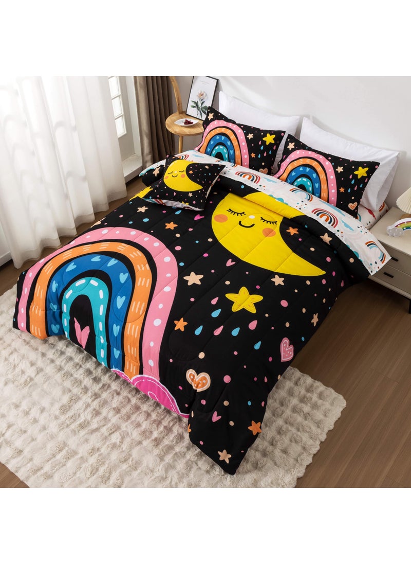 Btargot Btargot 5 Piece Black Rainbow Comforter Set for Girls Boys Kids  Cartoon Cute Moon Stars Bedding Set  Bed in a Bag with Comforter  Sheets and Pillowcases Queen  - Image 5