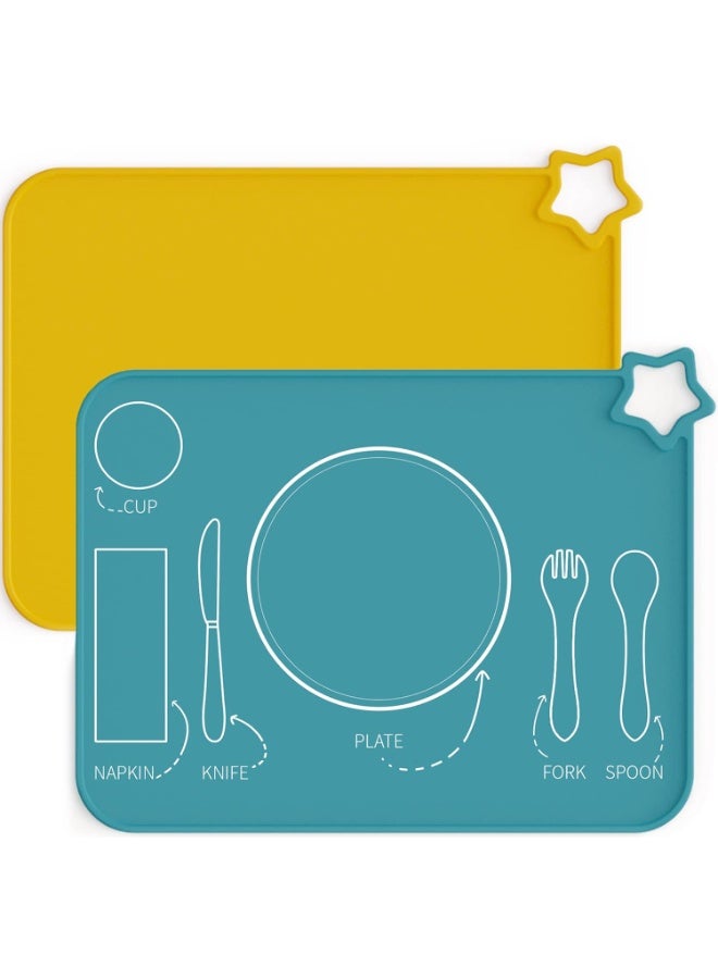 Moonkie Moonkie Silicone Placemats for Baby & Kid, Stain-Proof Non-Slip Toddler Food Mats Eating Table Mat with 2 Packs Teal/Mustard 2 - Image 1