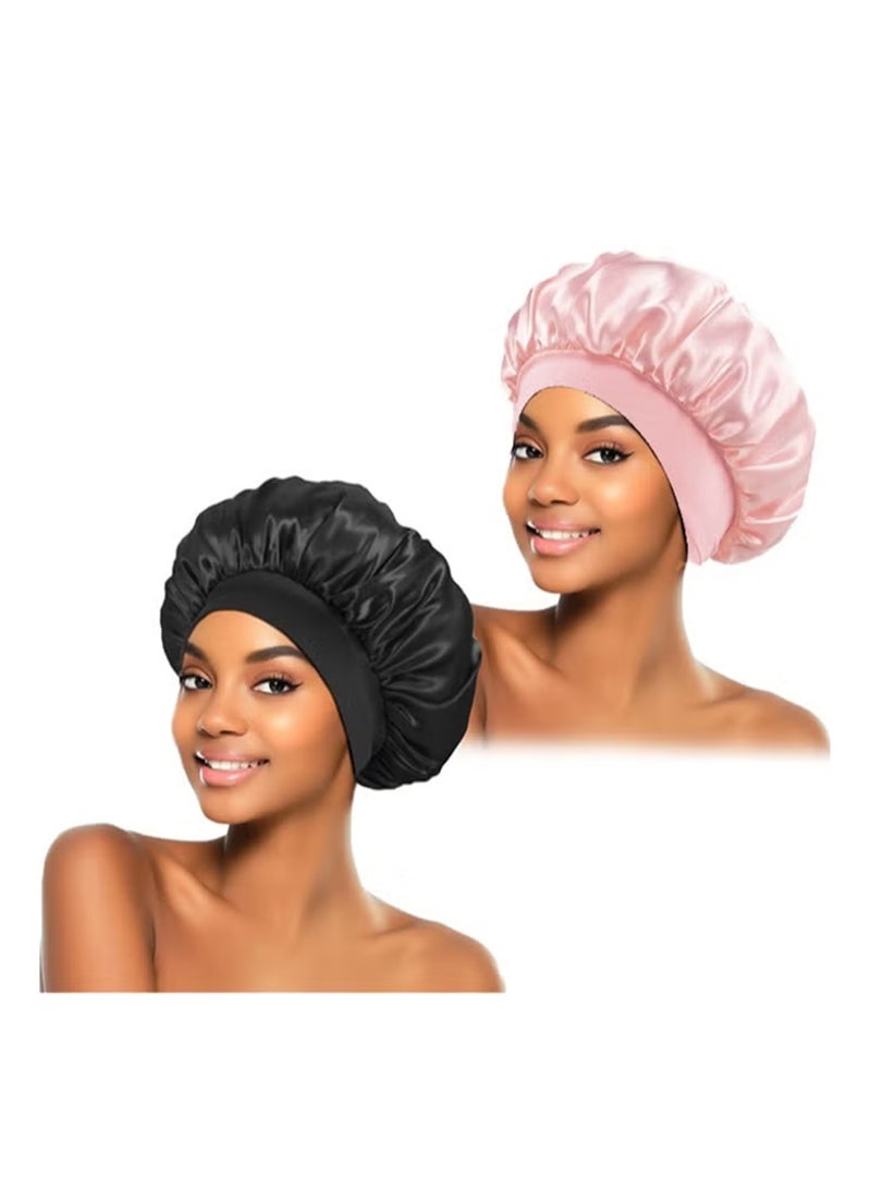 Jamal 2Pcs Silk Bonnet for Sleeping, Satin Hair Bonnets, Soft Elastic Band Silk Sleep Cap, Hair Wrap for Women(Black&Pink) - Image 1