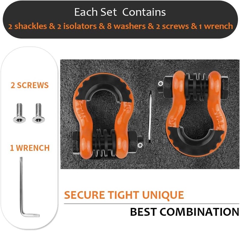 AMBULL Shackles 3/4" D Ring Shackle (2 Pack) 45,000lb Break Strength with 7/8" Pin, Anti Theft Security Screws, Isolator & Washer Kits for Use with Tow Strap Winch Truck Vehicle Recovery, Orange - Image 4