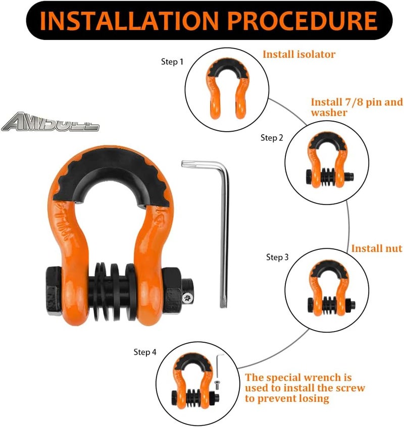 AMBULL Shackles 3/4" D Ring Shackle (2 Pack) 45,000lb Break Strength with 7/8" Pin, Anti Theft Security Screws, Isolator & Washer Kits for Use with Tow Strap Winch Truck Vehicle Recovery, Orange - Image 5
