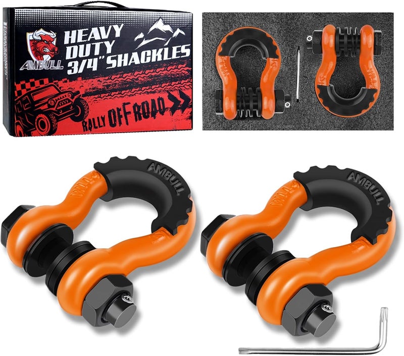 AMBULL Shackles 3/4" D Ring Shackle (2 Pack) 45,000lb Break Strength with 7/8" Pin, Anti Theft Security Screws, Isolator & Washer Kits for Use with Tow Strap Winch Truck Vehicle Recovery, Orange - Image 1