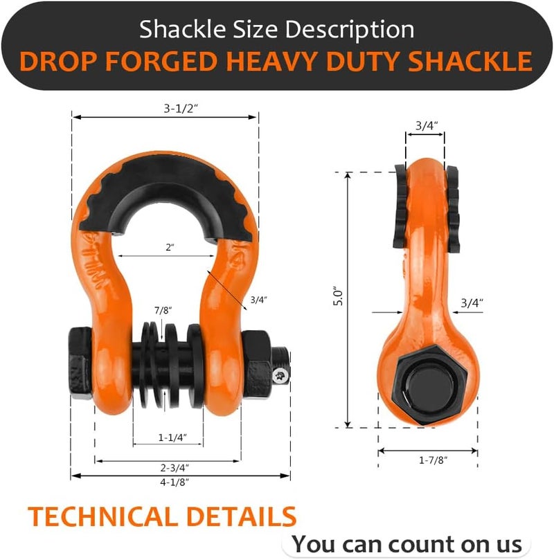 AMBULL Shackles 3/4" D Ring Shackle (2 Pack) 45,000lb Break Strength with 7/8" Pin, Anti Theft Security Screws, Isolator & Washer Kits for Use with Tow Strap Winch Truck Vehicle Recovery, Orange - Image 3