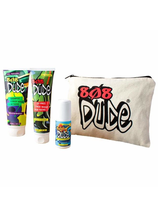 808 Dude - Skincare Kit for Teens. Shampoo and Body Wash, Face Wash and Deodorant to Prevent Breakouts and Eliminate Body Odor with Eco-Friendly Cotton Toiletry Bag - Image 1