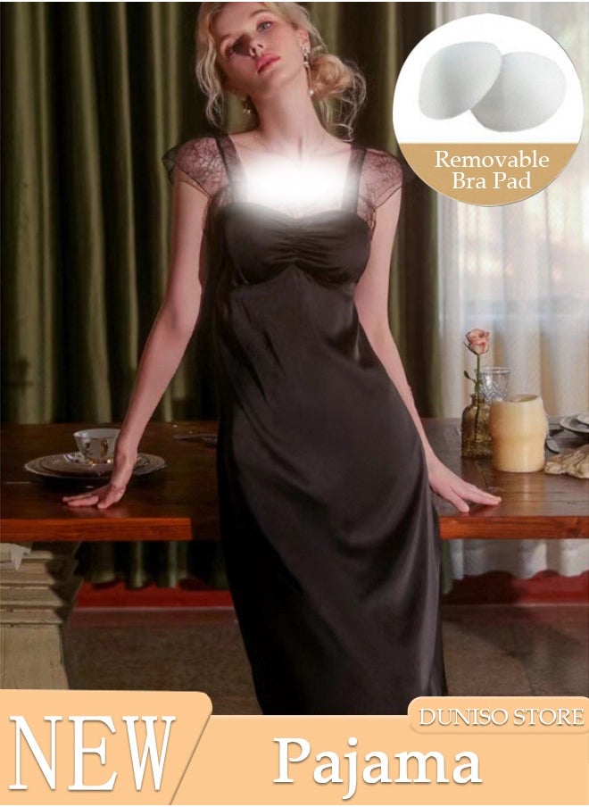 DUNISO Women's Sleeveless Nightgown Camisole Sleep Dress Built in Bra Removable Pads Nightwear Softable Silk Sling Pajama Dress Lace Long Nightdress For Ladies  - Image 1