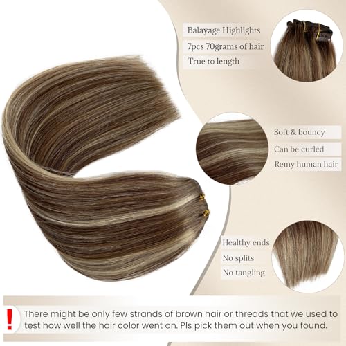 Licoville Balayage Clip in Extensions Real Human Hair 15 Inch Thick Ends Full Straight Ombre Balayage Brown to Beige Blonde Human Hair Clip on Extensions with Blonde Highlights - Image 3
