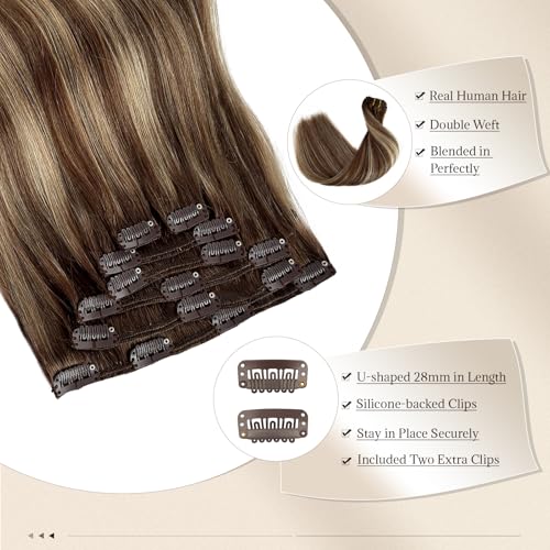 Licoville Balayage Clip in Extensions Real Human Hair 15 Inch Thick Ends Full Straight Ombre Balayage Brown to Beige Blonde Human Hair Clip on Extensions with Blonde Highlights - Image 4