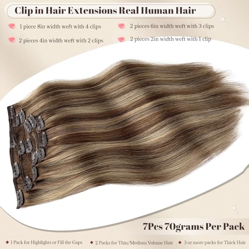 Licoville Balayage Clip in Extensions Real Human Hair 15 Inch Thick Ends Full Straight Ombre Balayage Brown to Beige Blonde Human Hair Clip on Extensions with Blonde Highlights - Image 2