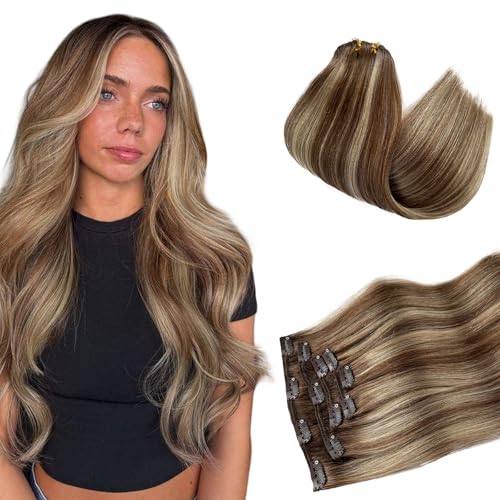 Licoville Balayage Clip in Extensions Real Human Hair 15 Inch Thick Ends Full Straight Ombre Balayage Brown to Beige Blonde Human Hair Clip on Extensions with Blonde Highlights - Image 1