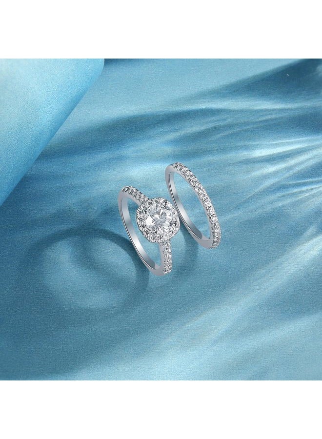 MDFUN 18K White Gold Plated Eternity Ring Sets for Women|6mm Round Cubic Zirconia Halo CZ Two-In-One Stackable Wedding Engagement Promise Band. (8) - Image 4
