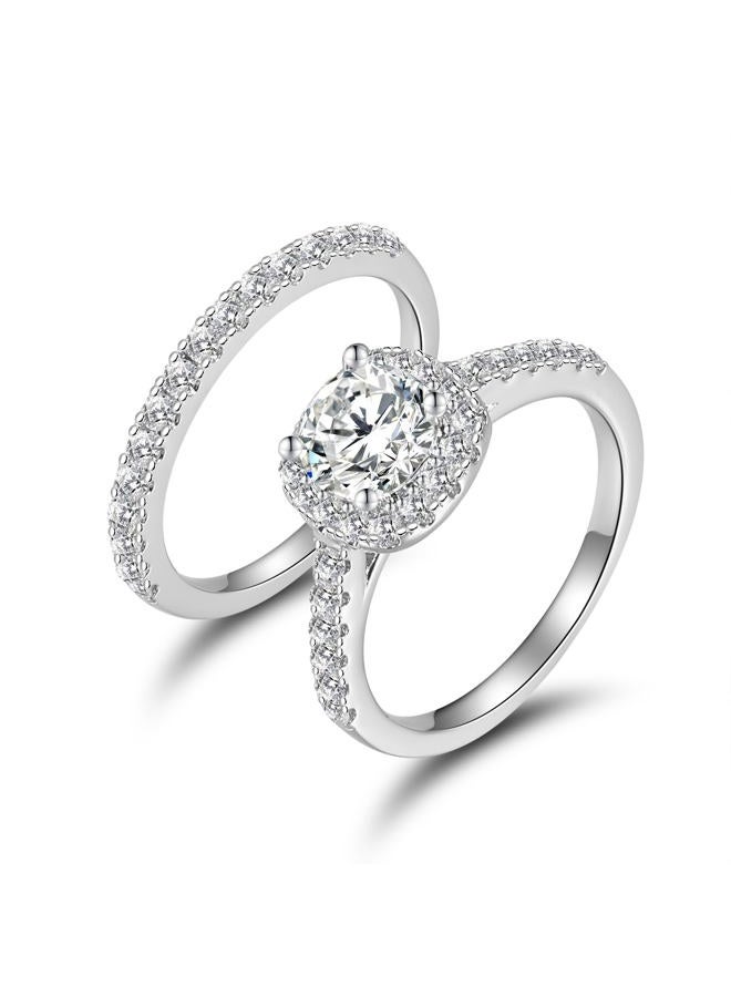 MDFUN 18K White Gold Plated Eternity Ring Sets for Women|6mm Round Cubic Zirconia Halo CZ Two-In-One Stackable Wedding Engagement Promise Band. (8) - Image 1