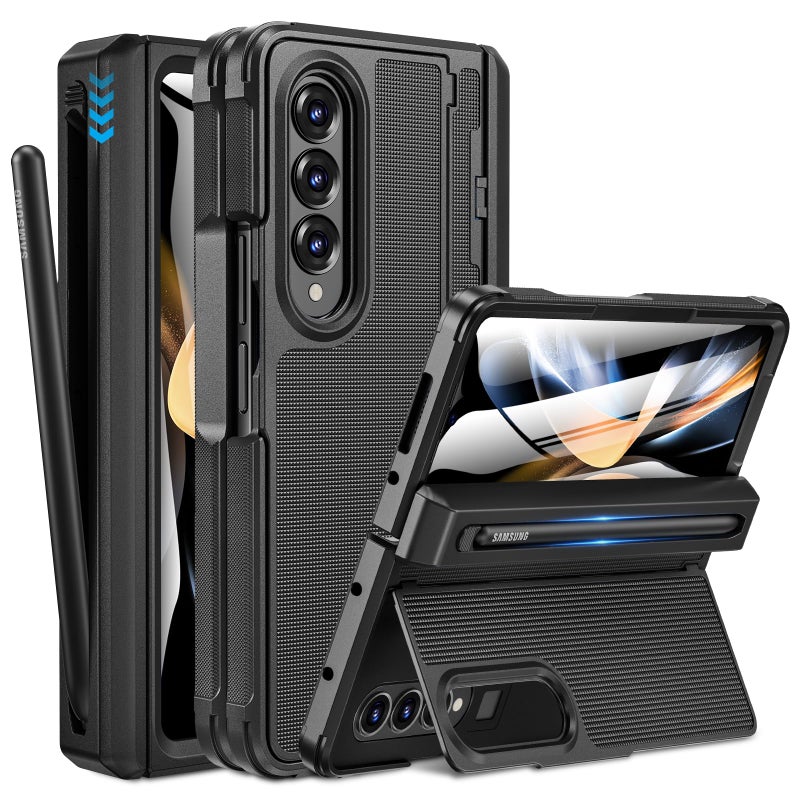 Caka for Samsung Galaxy Z Fold 4 Case [Thinner S Pen Holder] [Hidden Kickstand] [Hinge Protection] [Screen Protector] Full Body Hard Shockproof Phone Cover with Anti-Slip Textured for Fold4 - Black - Image 1