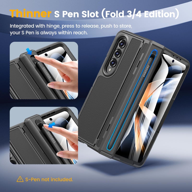 Caka for Samsung Galaxy Z Fold 4 Case [Thinner S Pen Holder] [Hidden Kickstand] [Hinge Protection] [Screen Protector] Full Body Hard Shockproof Phone Cover with Anti-Slip Textured for Fold4 - Black - Image 3