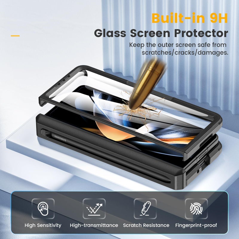 Caka for Samsung Galaxy Z Fold 4 Case [Thinner S Pen Holder] [Hidden Kickstand] [Hinge Protection] [Screen Protector] Full Body Hard Shockproof Phone Cover with Anti-Slip Textured for Fold4 - Black - Image 5