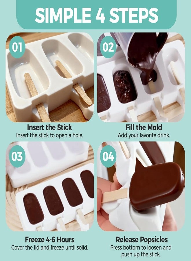 FANS-ONE 3 Set Popsicles Molds with Lids, Large Cake Pop Mold Cakesicle Mold 4 Cavities with 100 Wooden Sticks, Silicone Reusable Ice Pop Molds for Cake Pops, Ice Pops, Cakesicles, Ice Cream, White - Image 5