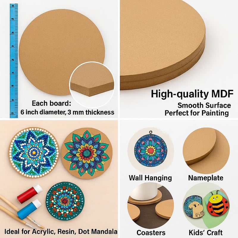 Woodloart Woodloart Canvas 6-Piece Round MDF Boards Unpainted Wood Sheets for Art & Craft, DIY Projects, Painting, Coasters, Mandala, Resin & Pyrography (MDF CIRCLE-10-6PC) - Image 4