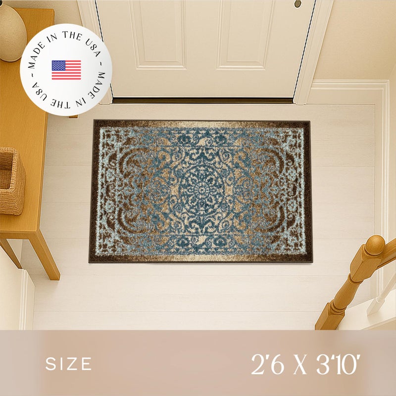 Maples Rugs Pelham Transitional Area Rugs - Made in USA - Washable, Non Slip, Indoor Carpet for Entryway, Foyer, Kitchen, and Bathroom, 2'6 x 3'10, Blue/Walnut - Image 3