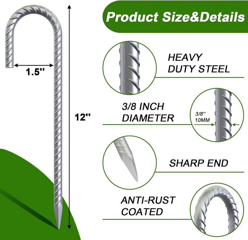AAGUT Rebar Stakes 12 Inch J Hook Heavy Duty 12 Pack, 3/8 Inch Galvanized Metal Steel Ground Anchors Chain Link Fence Stakes for Camping Tent, Inflatables, Yard Decorations, Canopies & Swing Sets - Image 2