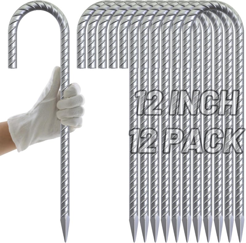 AAGUT Rebar Stakes 12 Inch J Hook Heavy Duty 12 Pack, 3/8 Inch Galvanized Metal Steel Ground Anchors Chain Link Fence Stakes for Camping Tent, Inflatables, Yard Decorations, Canopies & Swing Sets - Image 1