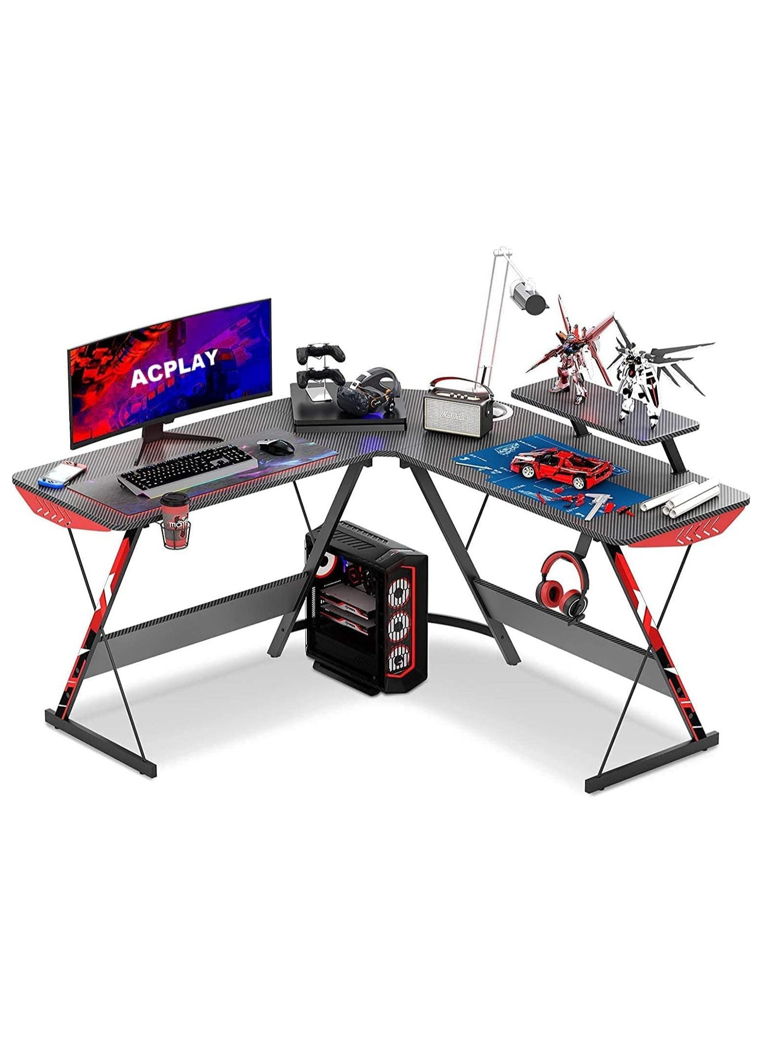 ACPLAY L Shaped Gaming Desk L Shaped Desk Carbon Fiber Computer Corner Desk With Large Monitor Riser Stand For Home Office Sturdy Writing Workstation Gaming Desk With Shelf 