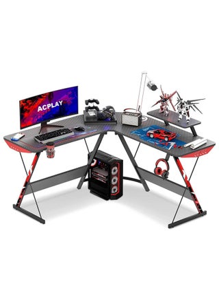 L Shaped Gaming Table, L Shaped Desk Carbon Fiber Computer Corner Desk With Large Monitor Riser Stand For Home Office Sturdy Writing Workstation Gaming Desk With Shelf - pzsku/Z2A6B2D13D6F2059E88A3Z/45/_/1659537395/5af75437-0759-467d-95ef-1726d537caeb