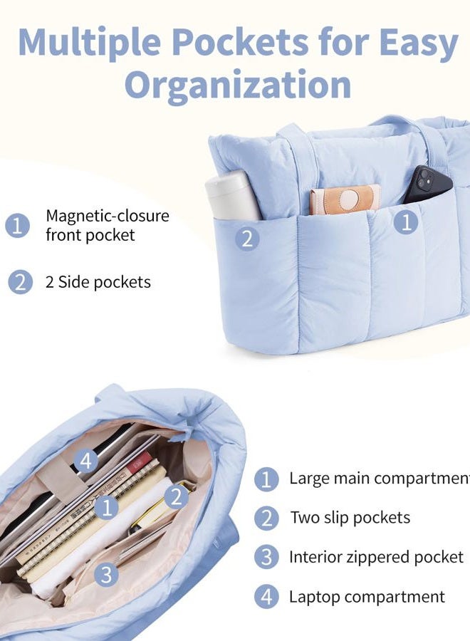 Narwey Puffer Travel Tote Bag for Women Work with Laptop Compartment, Puffy Tote Bags for Carry on, College, Gym, Blue, Large - Image 3
