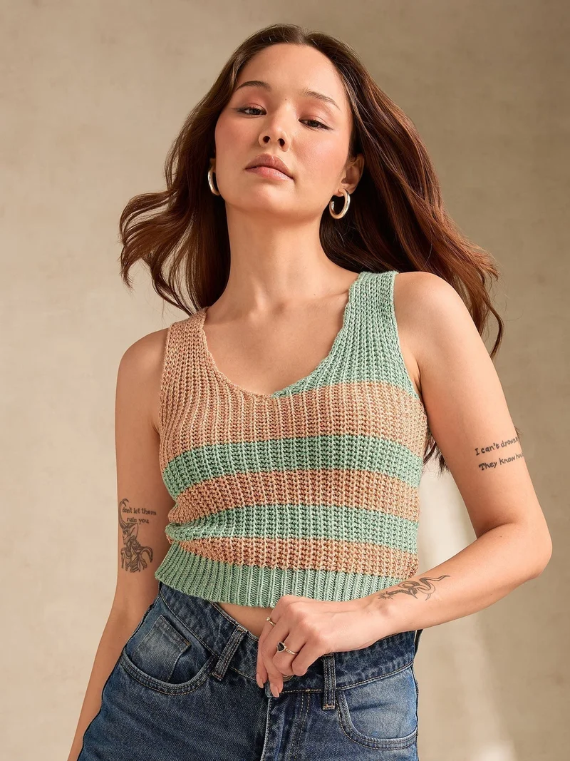 Outzidr  Multi Plunge V Neck Flat Knit Tank for Women | Best Price UAE