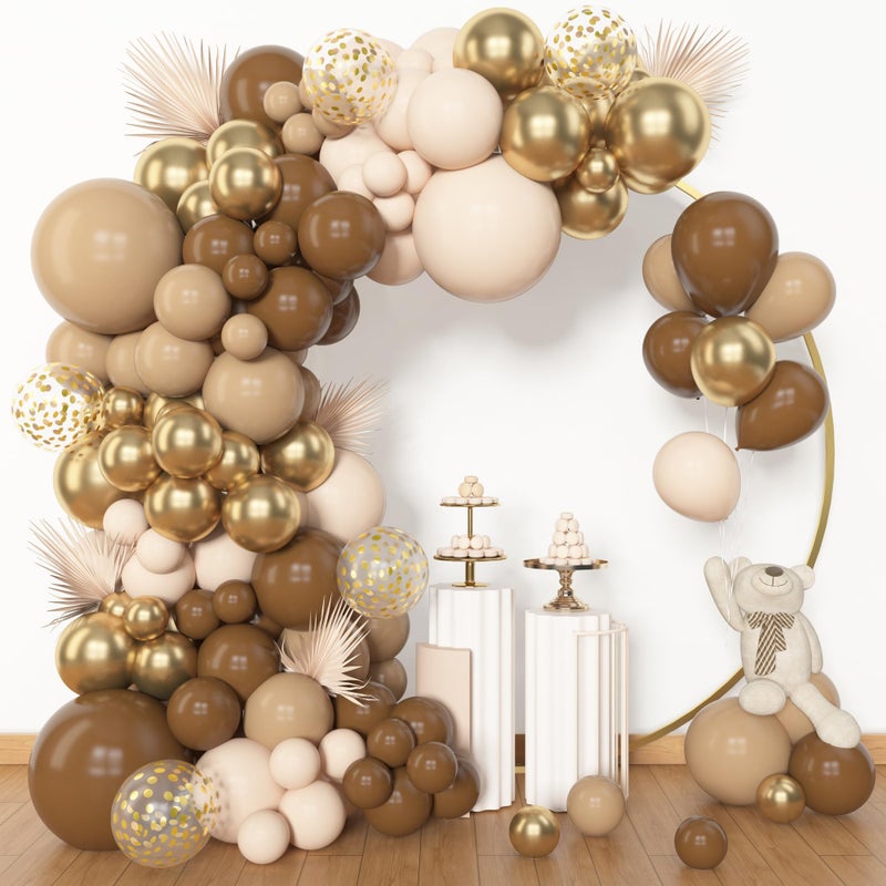 MANGO 153 Pcs Brown Balloon Garland Arch Kit Nude Latex and Metallic Gold Confetti Balloons for Baby Shower Engagement Anniversary and Birthday Party Decorations Dark Color - Image 1
