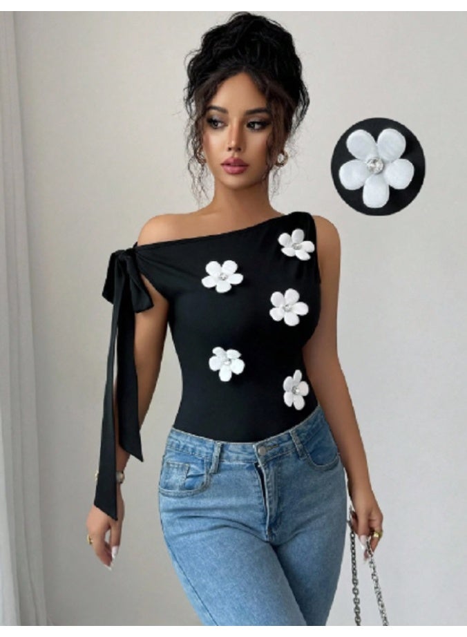SHEIN Women's Elegant 3D FlowerAsymmetric Neck T-Shirt, Summer