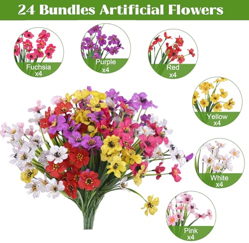 Bassion 24 Bundles Artificial Flowers for Outdoors Decoration, UV Resistant Mixed Color Silk Fake Faux Flowers Artificial Plants for Outside Window Box Porch Garden Home Decor - Image 3
