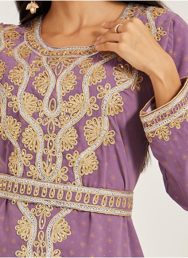 Maxim Creation - Embroidered Round Neck Belted A-Line Kaftan by Styli - Image 1