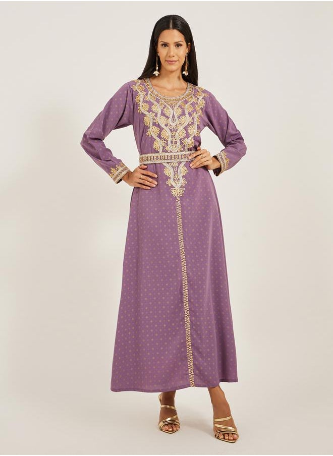 Maxim Creation - Embroidered Round Neck Belted A-Line Kaftan by Styli - Image 1