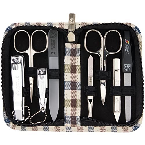 3 Swords Germany - brand quality 8 piece manicure pedicure grooming kit set synthetic leather case chequered - Made in Germany - Image 1