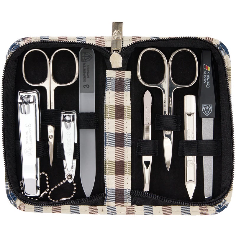 3 Swords Germany - brand quality 8 piece manicure pedicure grooming kit set synthetic leather case chequered - Made in Germany - Image 3
