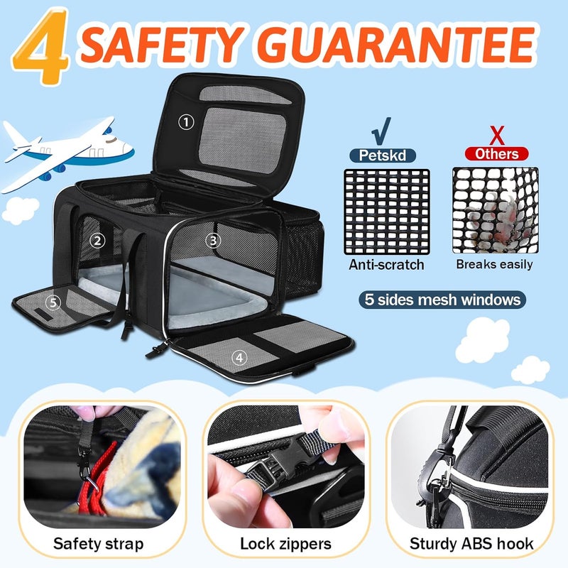 Petskd Top and Side Expandable Pet Carrier 17x11x9.5 Inches Alaska Airline Approved, Soft-Sided Carrier for Small Cats and Dogs with Locking Safety Zippers and Anti-Scratch Mesh(Black) - Image 5