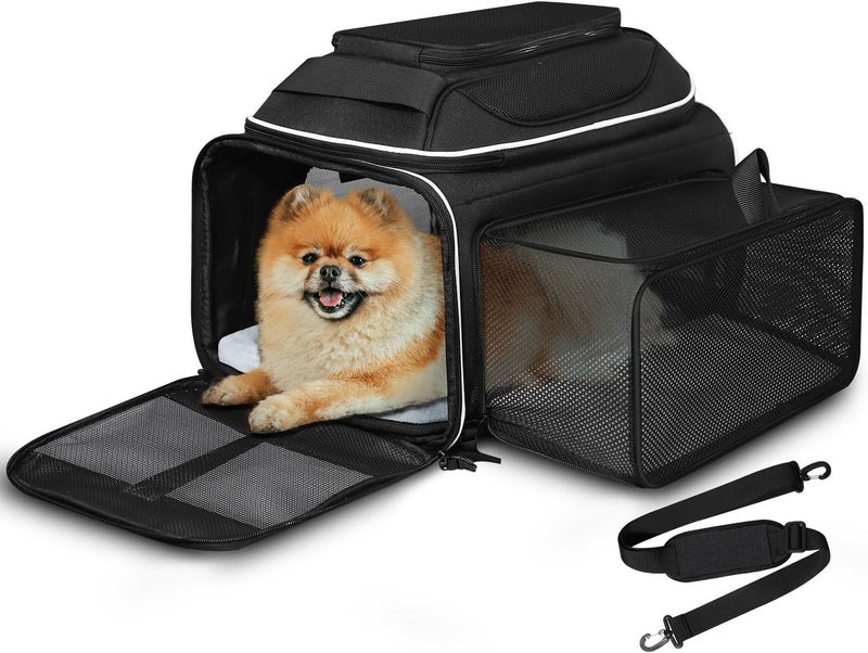 Petskd Top and Side Expandable Pet Carrier 17x11x9.5 Inches Alaska Airline Approved, Soft-Sided Carrier for Small Cats and Dogs with Locking Safety Zippers and Anti-Scratch Mesh(Black) - Image 1