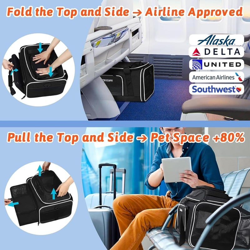 Petskd Top and Side Expandable Pet Carrier 17x11x9.5 Inches Alaska Airline Approved, Soft-Sided Carrier for Small Cats and Dogs with Locking Safety Zippers and Anti-Scratch Mesh(Black) - Image 2