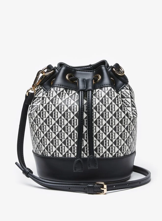 ELLE Women's All-Over Monogram Print Bucket Bag with Drawstring Closure and Detachable Strap
