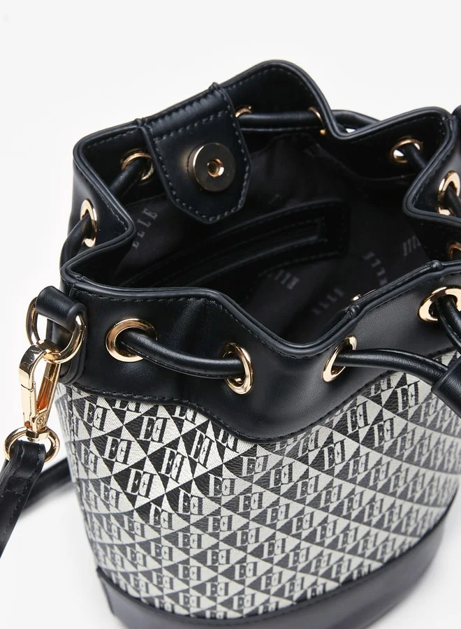 ELLE Women's All-Over Monogram Print Bucket Bag with Drawstring Closure and Detachable Strap