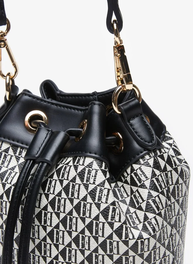 ELLE Women's All-Over Monogram Print Bucket Bag with Drawstring Closure and Detachable Strap