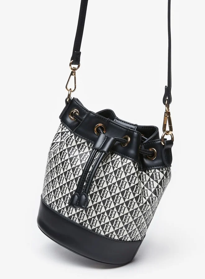 ELLE Women's All-Over Monogram Print Bucket Bag with Drawstring Closure and Detachable Strap