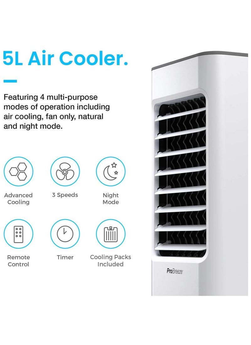 Pro Breeze - Pro Breeze 4-in-1 Air Cooler with 5 Litre Capacity, Remote Control, 3 Fan Speed, and LED Display. Powerful Evaporative Portable Air Cooler with Built-in 7 Hour Timer & Automatic Oscillation - Image 1