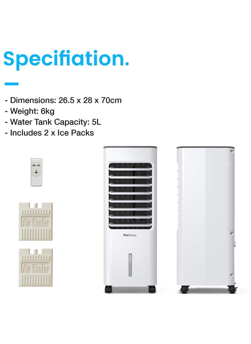Pro Breeze - Pro Breeze 4-in-1 Air Cooler with 5 Litre Capacity, Remote Control, 3 Fan Speed, and LED Display. Powerful Evaporative Portable Air Cooler with Built-in 7 Hour Timer & Automatic Oscillation - Image 1