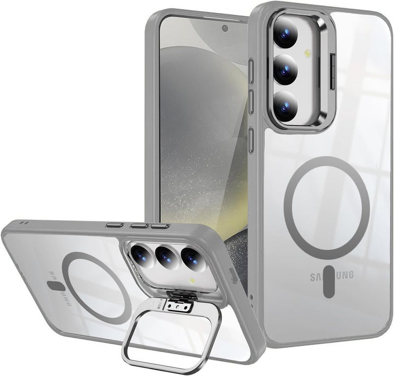 VONZEE Polycarbonate Compatible For Samsung S24 FE 5G Case,Compatible With Magsafe,Military-Grade Protective Case,Built-In Stash Stand Phone Case,Scratch-Resistant Back Cover,Classic Series|Clear Grey - Image 1