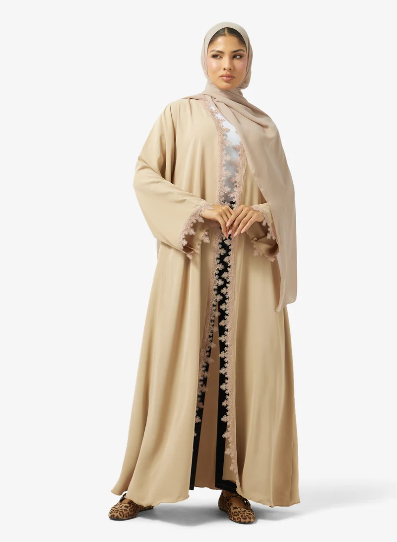 Floral Lace Detailed Open Front V Neck Abaya