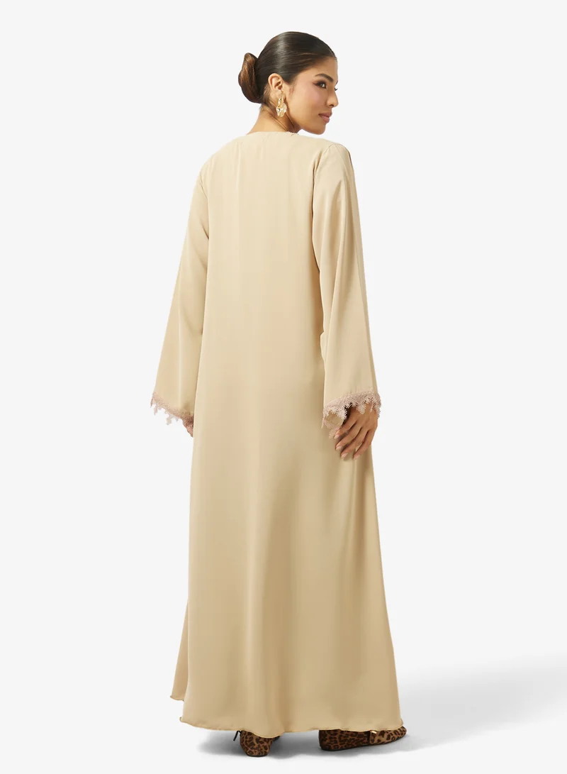 hayas closet Floral Lace Detailed Open Front V Neck Abaya